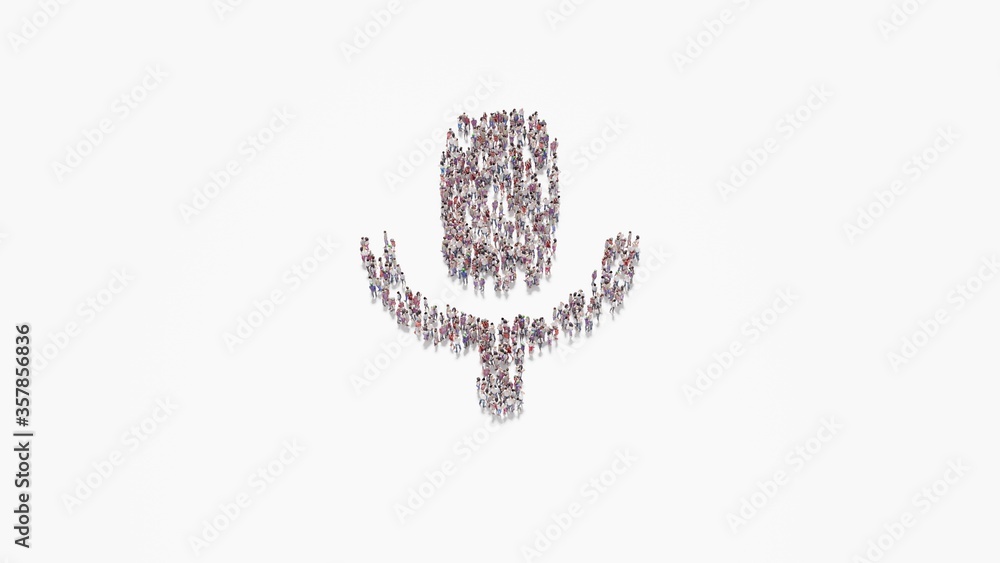Poster 3d rendering of crowd of people in shape of symbol of sound on white background isolated