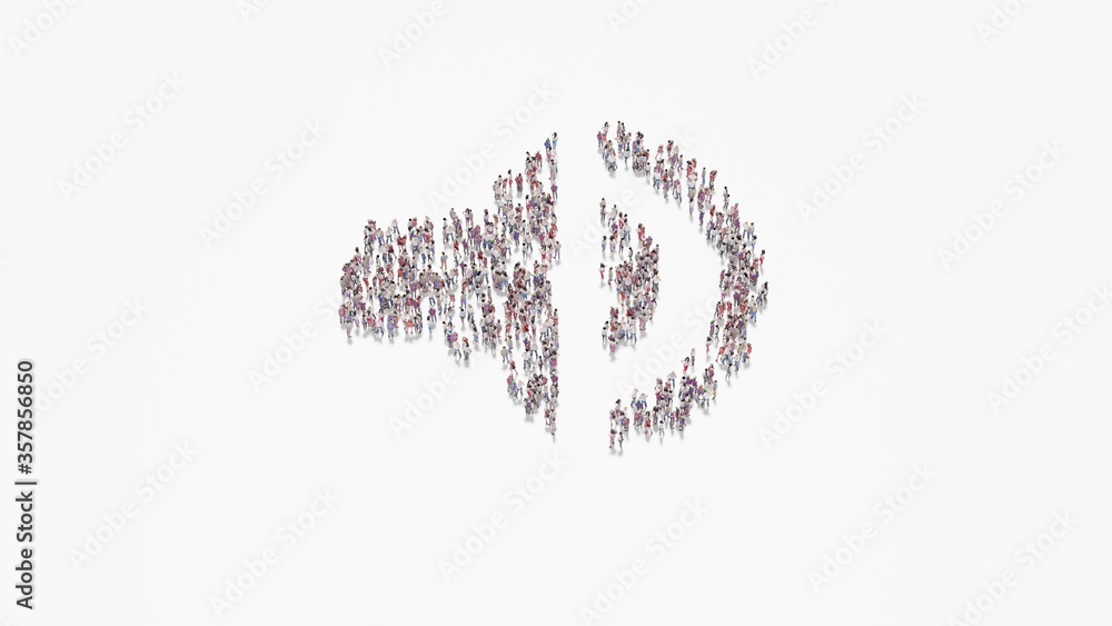Poster 3d rendering of crowd of people in shape of symbol of sound on white background isolated