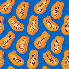 Papaya hand drawn flat seamless pattern. Orange fruit on blue background. Ideal for background, wallpaper, textile, backdrop, wrapping paper. Pattern surface design.