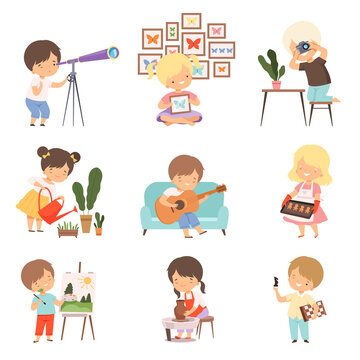Kids Hobby or Creative Activities Set, Cute Boys and Girls Watching through Telescope, Collecting Butterflies, Photographing, Playing Guitar, Baking Cookies Cartoon Vector Illustration
