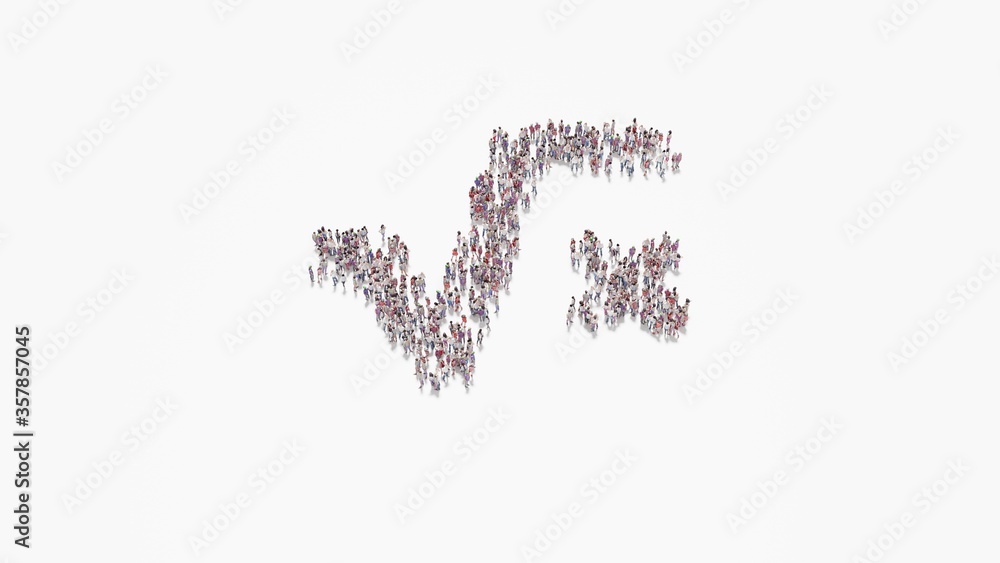 Poster 3d rendering of crowd of people in shape of symbol of square root on white background isolated