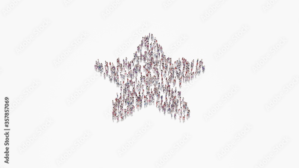 Poster 3d rendering of crowd of people in shape of symbol of star on white background isolated