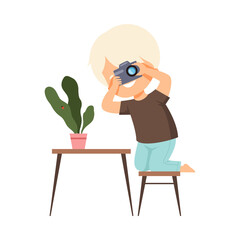 Cute Boy Photographer Holds Camera in his Hands and Taking Photo of Houseplant, Kids Hobby or Creative Activity Cartoon Vector Illustration