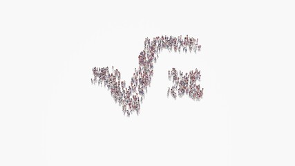 3d rendering of crowd of people in shape of symbol of square root  on white background isolated