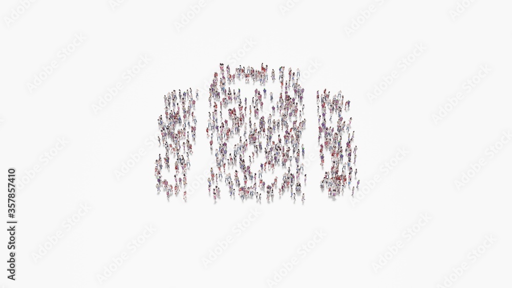 Poster 3d rendering of crowd of people in shape of symbol of suitcase on white background isolated