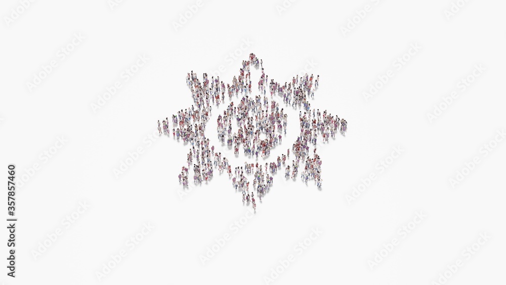 Poster 3d rendering of crowd of people in shape of symbol of sun on white background isolated
