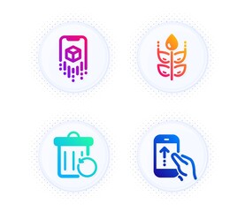 Augmented reality, Recovery trash and Gluten free icons simple set. Button with halftone dots. Swipe up sign. Phone simulation, Backup file, Bio ingredients. Scrolling screen. Science set. Vector