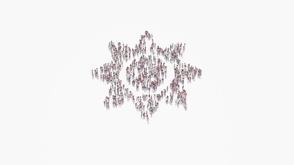3d rendering of crowd of people in shape of symbol of sun on white background isolated