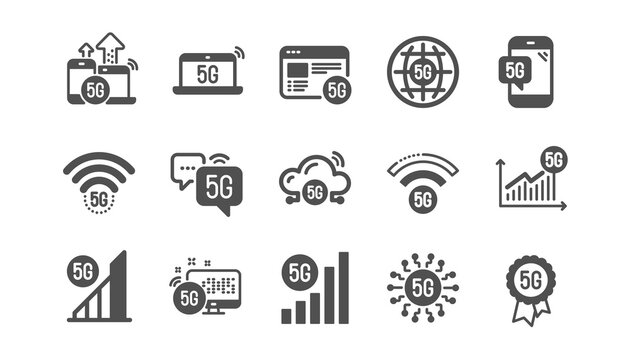 5G technology icons set. Mobile network, phone connection, fast internet. Hotspot signal, mobile telecommunications, wifi internet icons. 5G cellular network technology. Quality set. Vector
