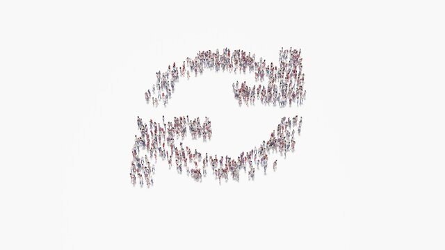 3d rendering of crowd of people in shape of symbol of sync on white background isolated