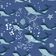 Seamless Pattern cute adorable beach funny theme, ocean blue whale,jelly fish, sea anchor, seaweed, wave, pastel colorful