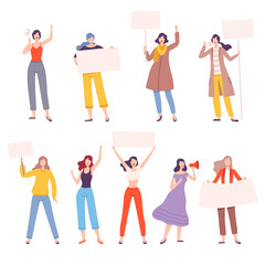 Fototapeta na wymiar Strong Girls Set, Women Empowerment Movement, Struggle for Freedom, Independence, Equality, Female Power and Rights Concept Flat Style Vector Illustration