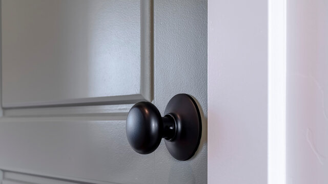 Panorama frame Gray wooden hinged door with black door knob and panels inside of home