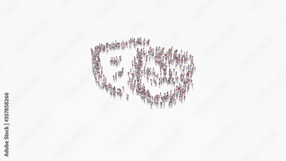 Poster 3d rendering of crowd of people in shape of symbol of theater masks on white background isolated