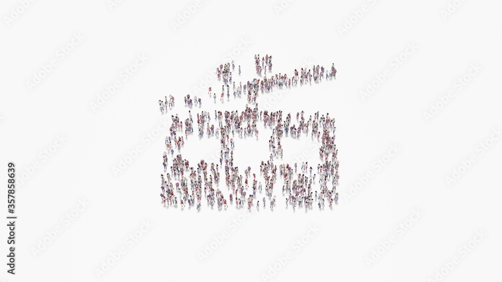 Poster 3d rendering of crowd of people in shape of symbol of tram on white background isolated