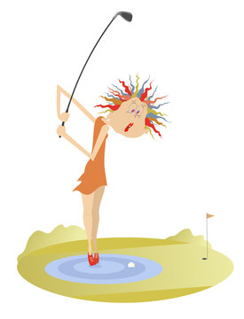 Woman and problem situation on the golf course illustration. Funny golfer woman stands on the water is thinking how to do a kick from the water obstacle
