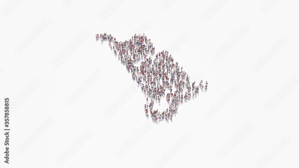 Poster 3d rendering of crowd of people in shape of symbol of trolley on white background isolated