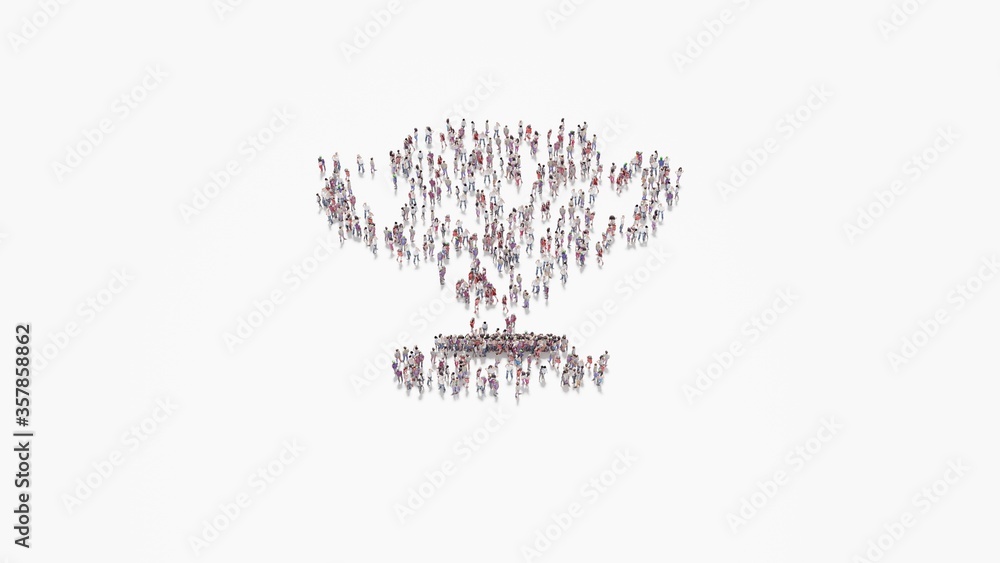 Poster 3d rendering of crowd of people in shape of symbol of trophy on white background isolated