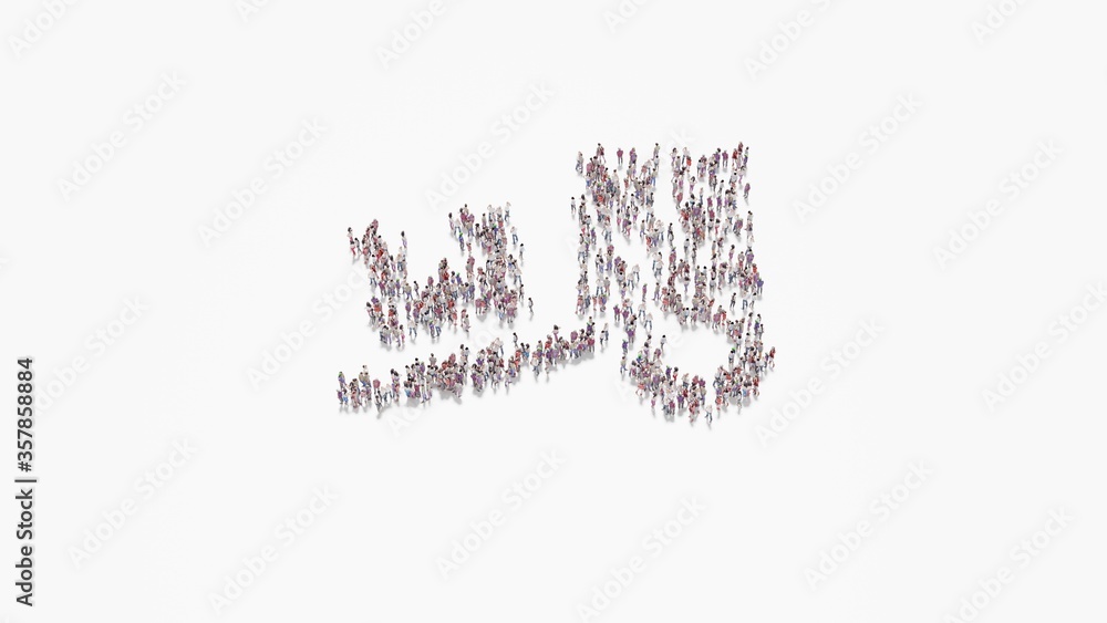 Poster 3d rendering of crowd of people in shape of symbol of truck loading on white background isolated