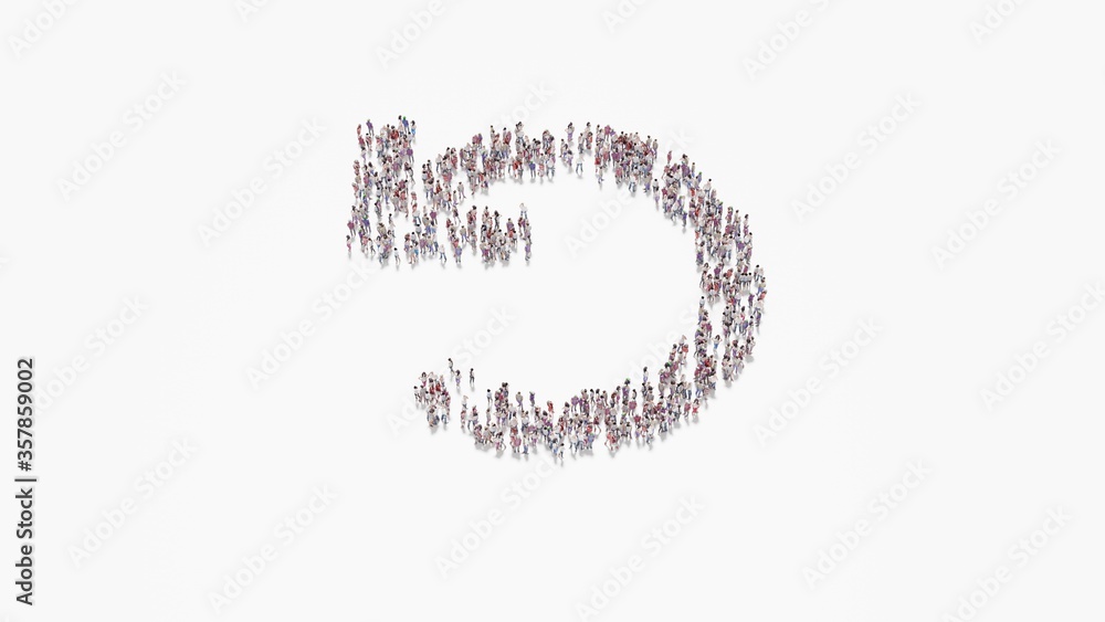Aufkleber 3d rendering of crowd of people in shape of symbol of undo on white background isolated