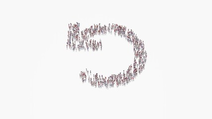 3d rendering of crowd of people in shape of symbol of undo on white background isolated