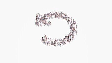 3d rendering of crowd of people in shape of symbol of undo alt on white background isolated