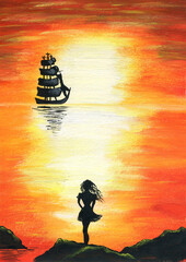 The black silhouette of a girl who stands on a curved palm tree and waits for her ship.