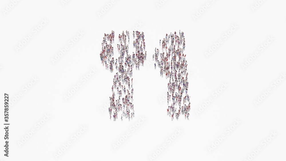 Poster 3d rendering of crowd of people in shape of symbol of utensils on white background isolated