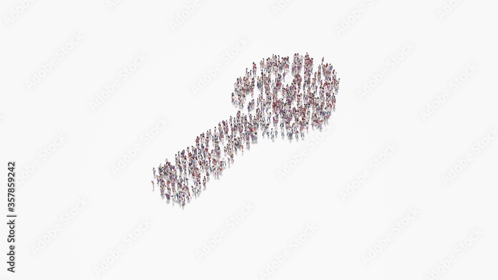 Poster 3d rendering of crowd of people in shape of symbol of utensil spoon on white background isolated