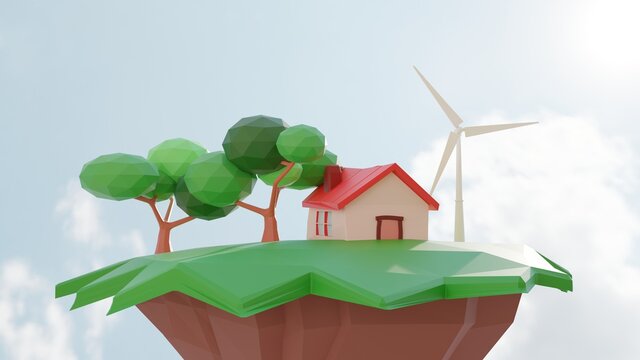 3D illustration. 3D low polygon. The island floats in the sky. A house, a white windmill and the tree on the island.