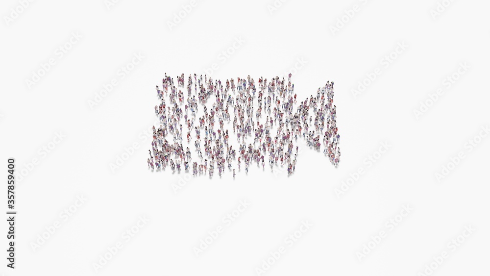 Poster 3d rendering of crowd of people in shape of symbol of video on white background isolated