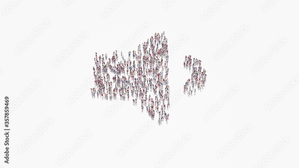 Poster 3d rendering of crowd of people in shape of symbol of volume down on white background isolated