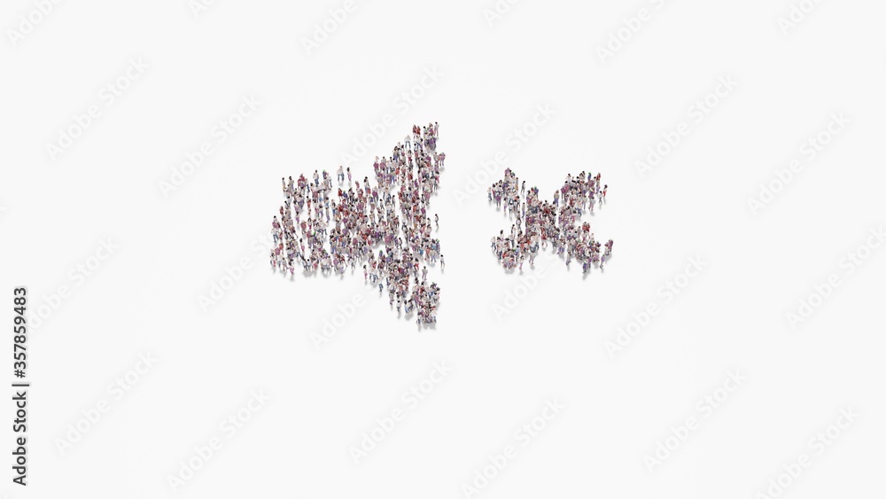 Poster 3d rendering of crowd of people in shape of symbol of volume mute on white background isolated