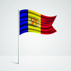 Realistic Andorra country flag waving in wind. Abstract country flag with flagpole isolated on grey background