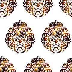 Seamless background from Ornamental decorative isolated golden lion with a crown on a black background. Can be used for t-shirt, poster, tattoo, textile, element for card design. Hand drawn vector ill