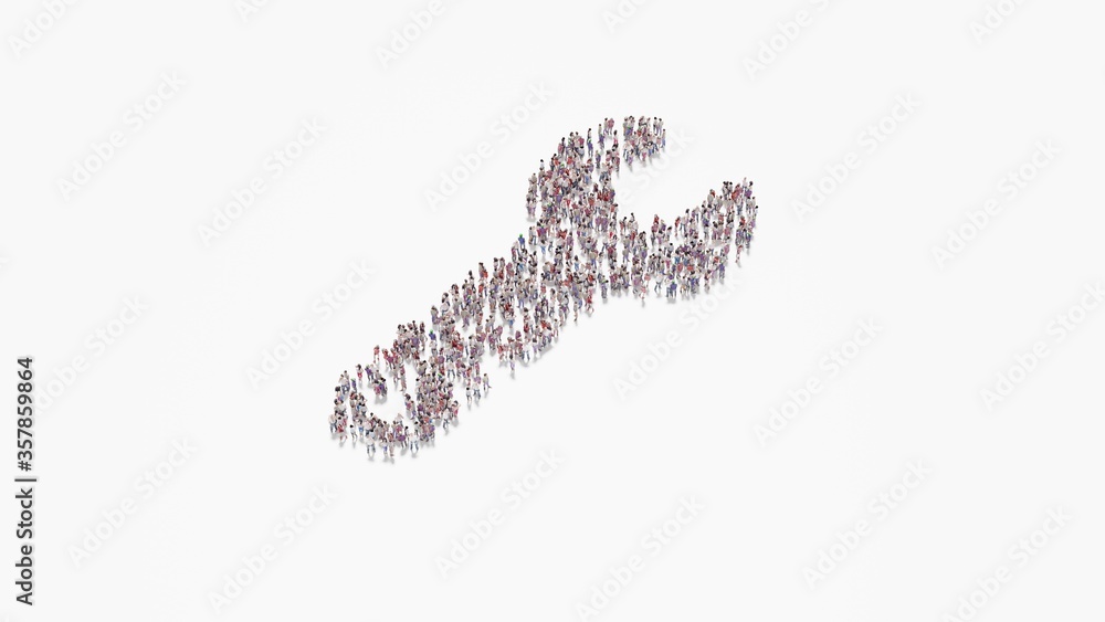 Poster 3d rendering of crowd of people in shape of symbol of wrench on white background isolated
