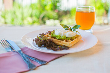 Healthy breakfast on a terrace with Viennese waffles and poached egg with green salad and orange juice.
