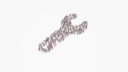 3d rendering of crowd of people in shape of symbol of wrench on white background isolated