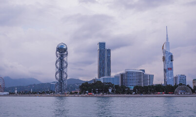 Naklejka premium View of the embankment of the city of Batumi from the sea. Panoramic view of the capital of Adjara.