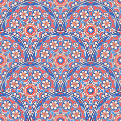 Seamless mandala pattern. Traditional indian round elements. Vector background for prints, wallpaper, textile. Stylized geometric flowers.