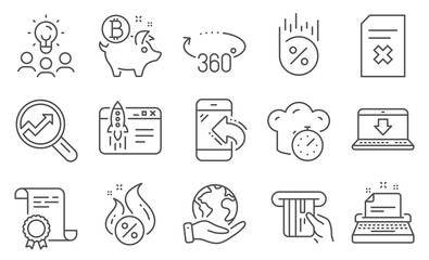 Set of Technology icons, such as Loan percent, Start business. Diploma, ideas, save planet. Delete file, Hot loan, Bitcoin coin. Internet downloading, Cooking timer, Analytics. Vector