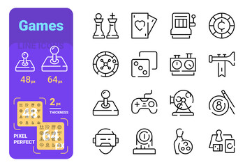 Set games simple lines icons of modern entertainment.