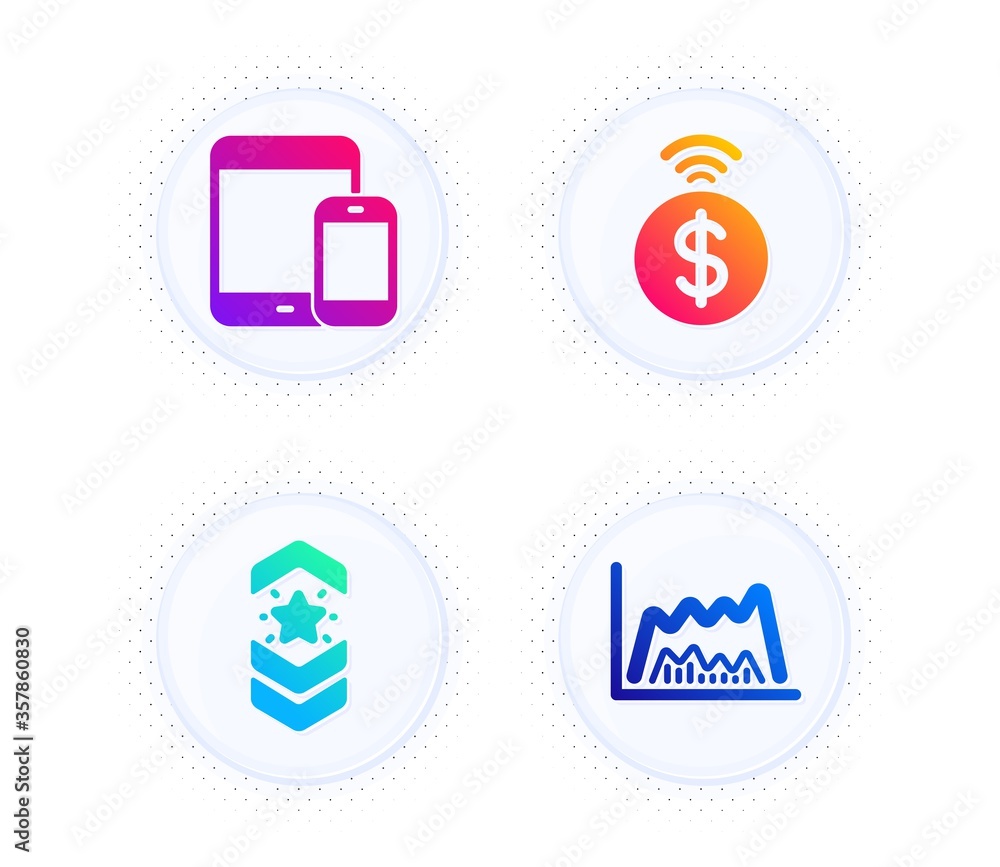 Poster contactless payment, mobile devices and shoulder strap icons simple set. button with halftone dots. 