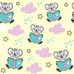 A clever koala is reading a book on a yellow background seamless pattern