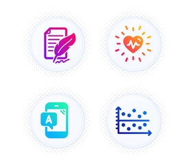 Ab testing, Heartbeat and Feather signature icons simple set. Button with halftone dots. Dot plot sign. Phone test, Medical heart, Feedback. Presentation graph. Science set. Vector