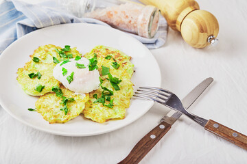 Zucchini pancakes poached egg