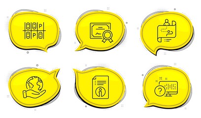 Online quiz sign. Diploma certificate, save planet chat bubbles. Journey path, Parking place and Technical info line icons set. Project process, Transport, Documentation. Web support. Vector