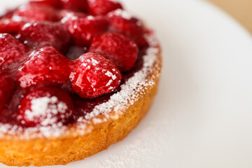 Closeup view of part of a raspberry tart with icing sugar . White plate background.