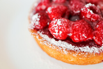 Closeup view of part of a raspberry tart with icing sugar . White plate background.