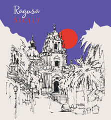 Fototapeta premium Drawing sketch illustration of San Giorgio Church in Ragusa